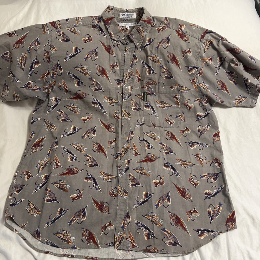 Columbia Fly Fishing Lure Print Shirt Mens XL Grey Cotton Short Sleeve Button Up